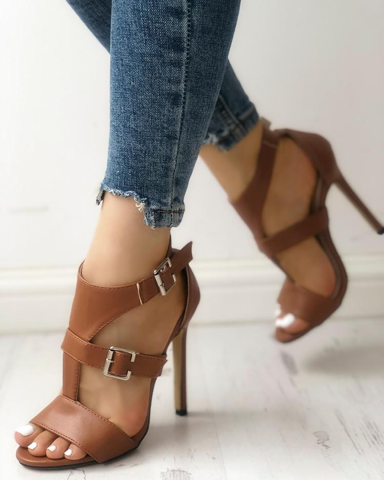 Outlet26 Solid Open Toe Ankle Strap Thin Heeled Sandals brown