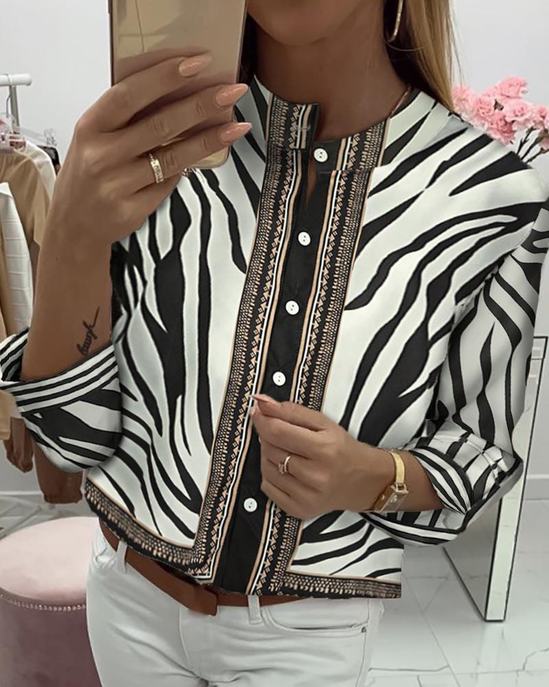 Zebra Print Button Long Sleeve Casual Blouse