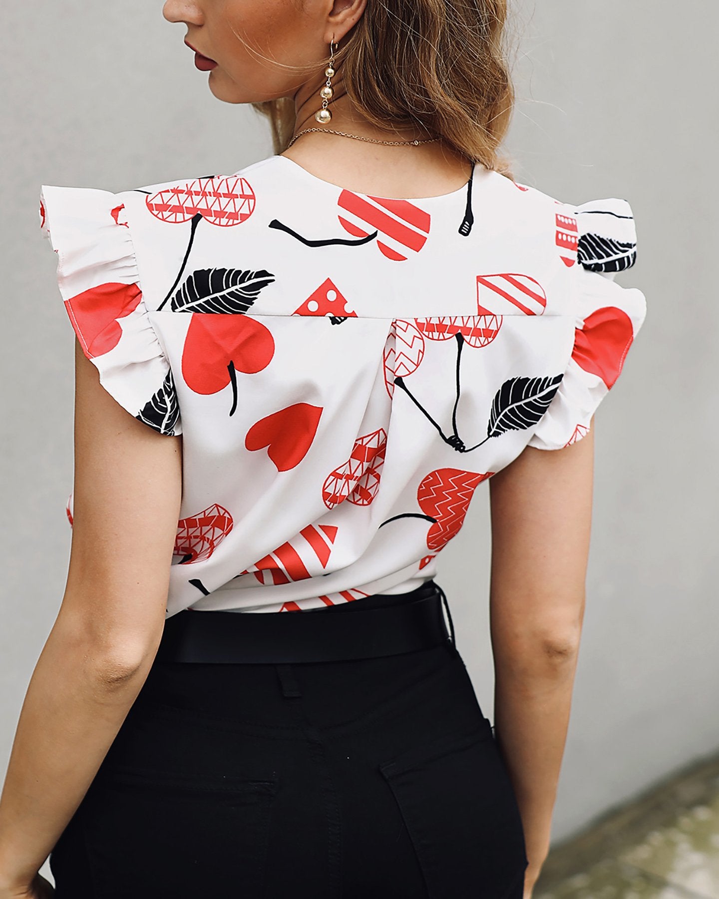 Cherry Print Flutter Sleeve Casual Blouse