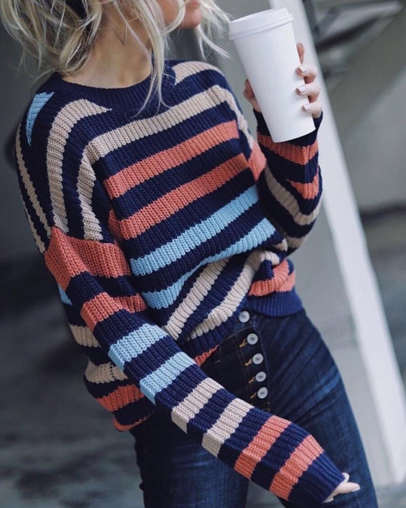 Knit Loose Pullover Sweater Crew Neck Long Sleeve Striped Tops