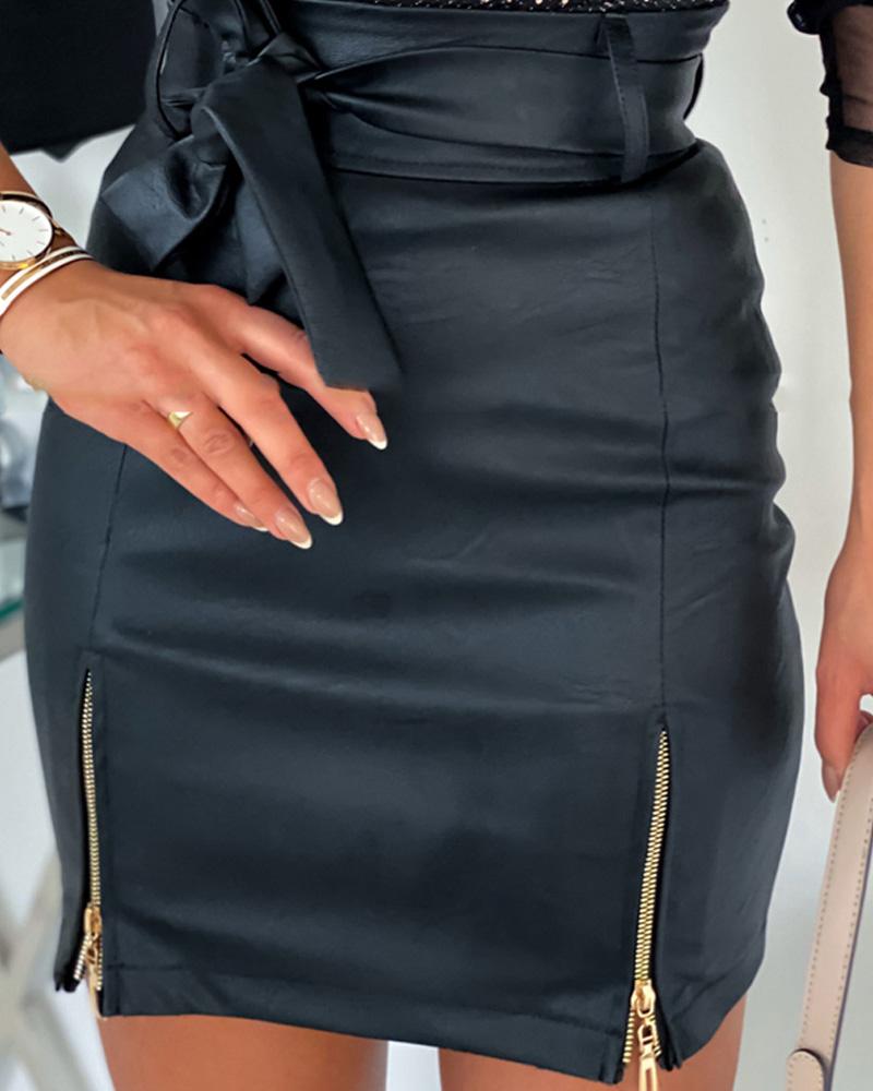 Faux Leather Zipper Detail  Mini Skirt