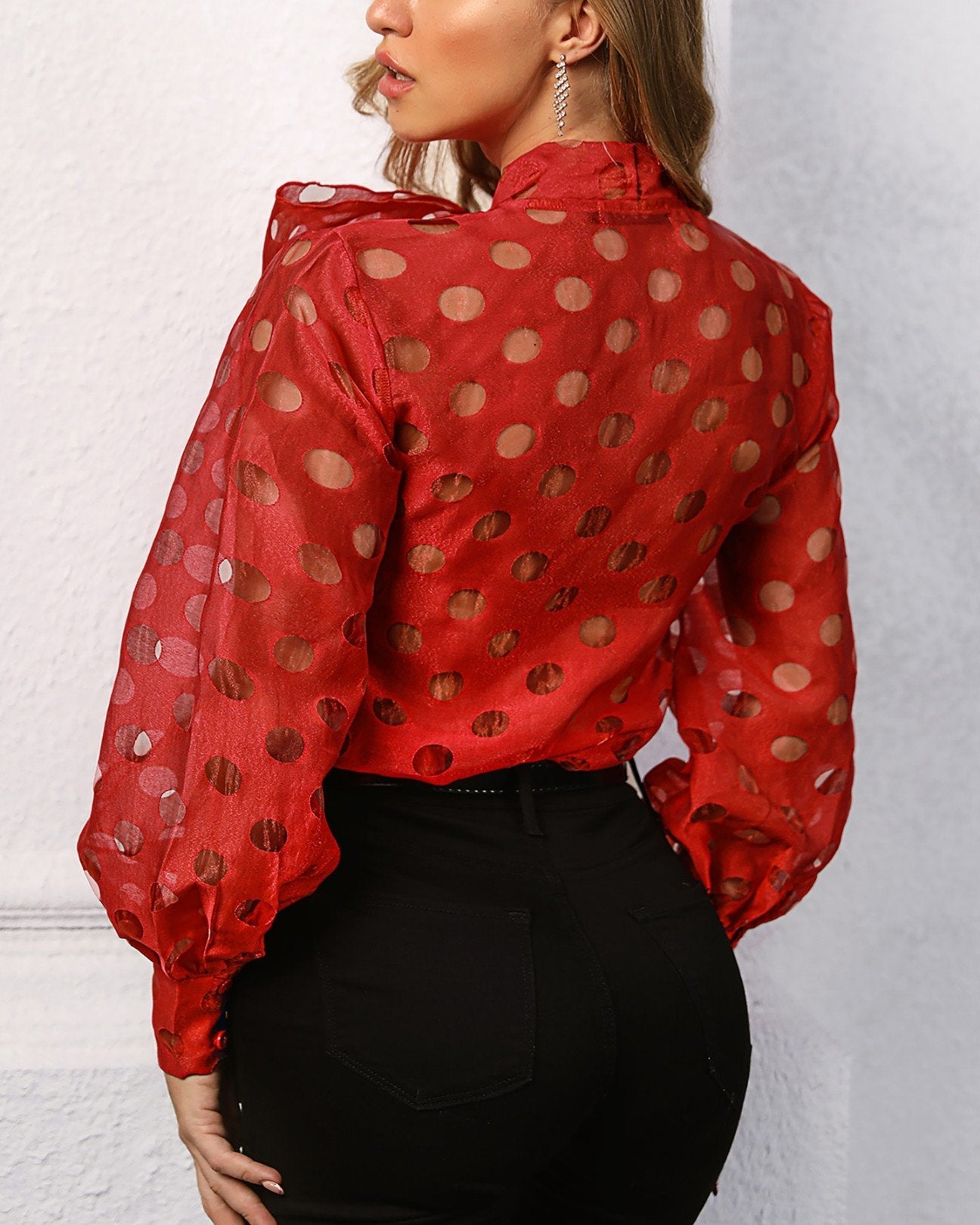 Dot Hollow Out Lantern Sleeve Knotted Blouse
