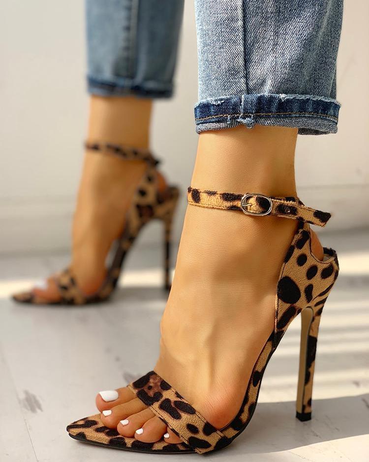 Outlet26 Peep Toe Ankle Strap Thin Heeled Sandal Leopard