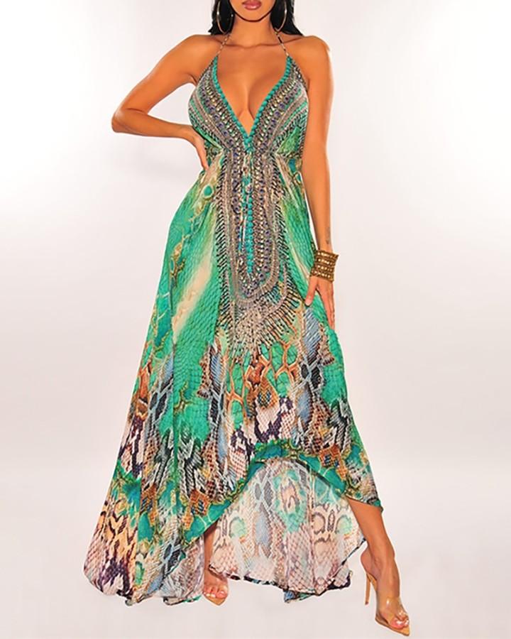 Cheetah Print Colorblock Halter Backless Maxi Dress