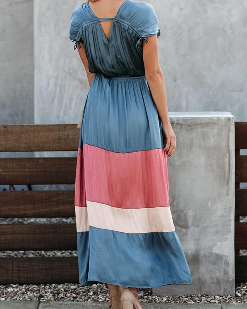 V Neck Color Blocks Midi Dress