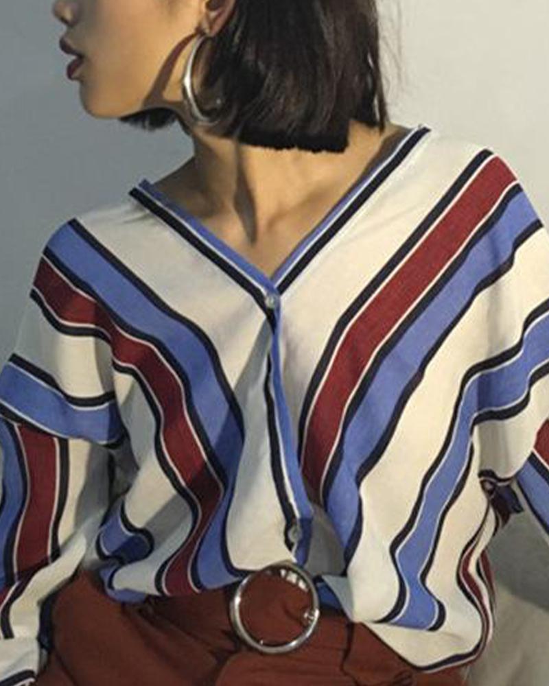 Striped V Neck Batwing Sleeve Top