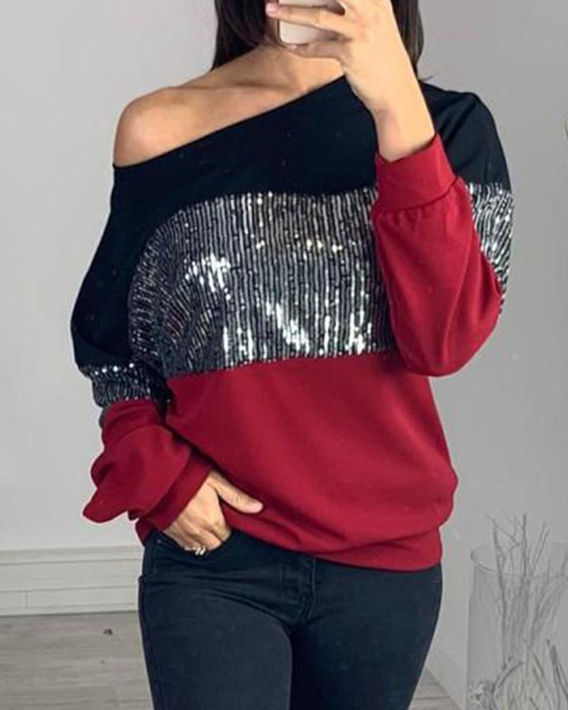 Outlet26 Sequin Colorblock Long Sleeve Top red