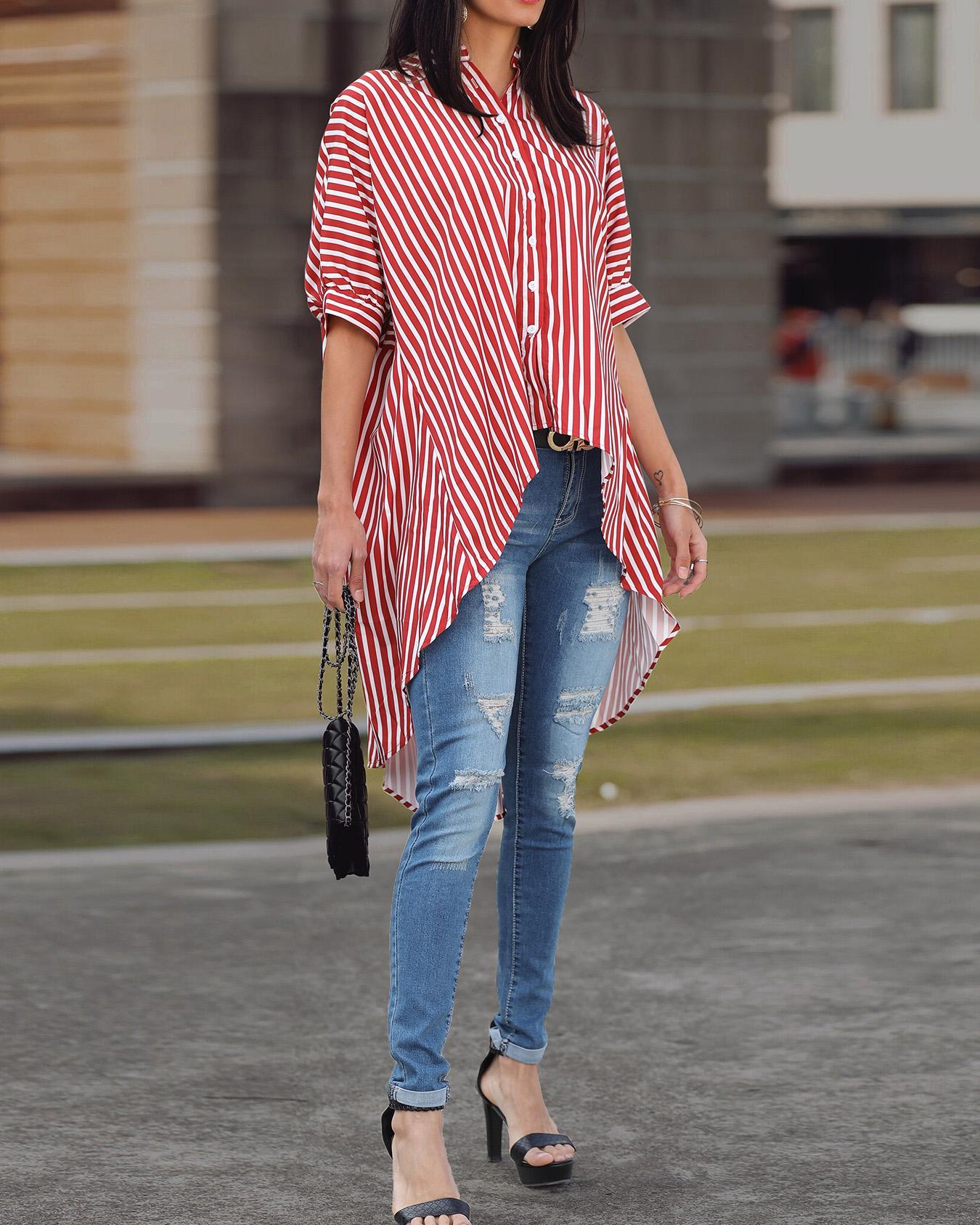 Outlet26 Striped Batwing Sleeve Dip Hem Blouse red