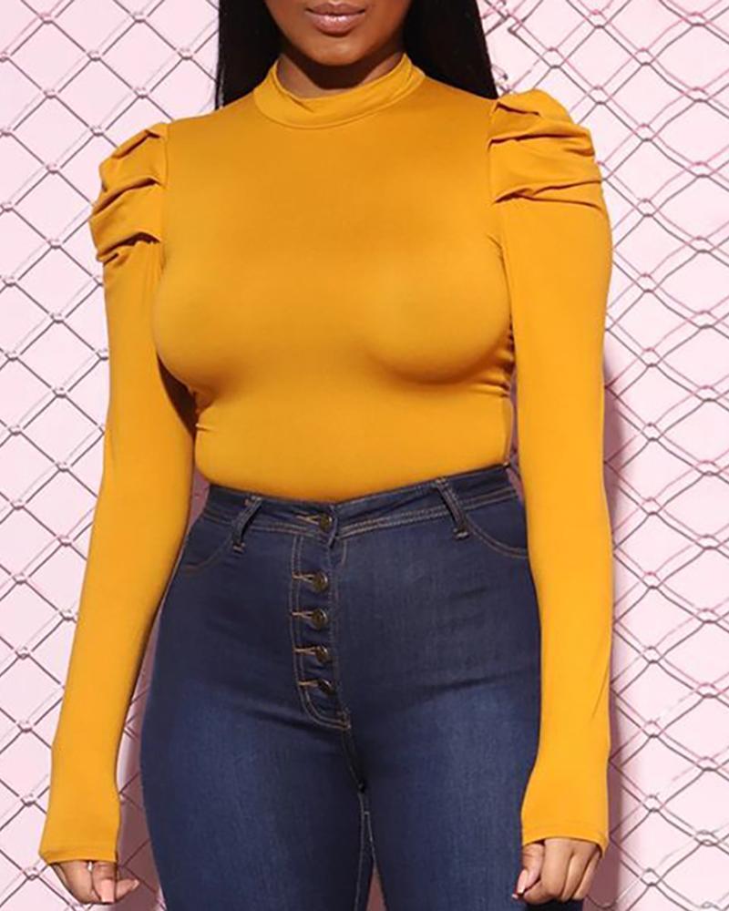 Solid Puffed Sleeve Knit Top