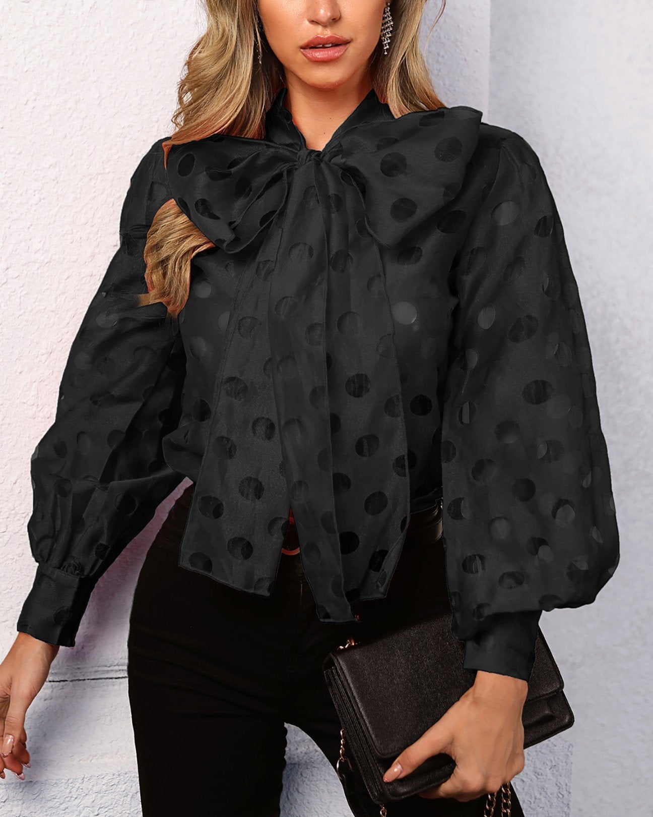 Dot Hollow Out Lantern Sleeve Knotted Blouse