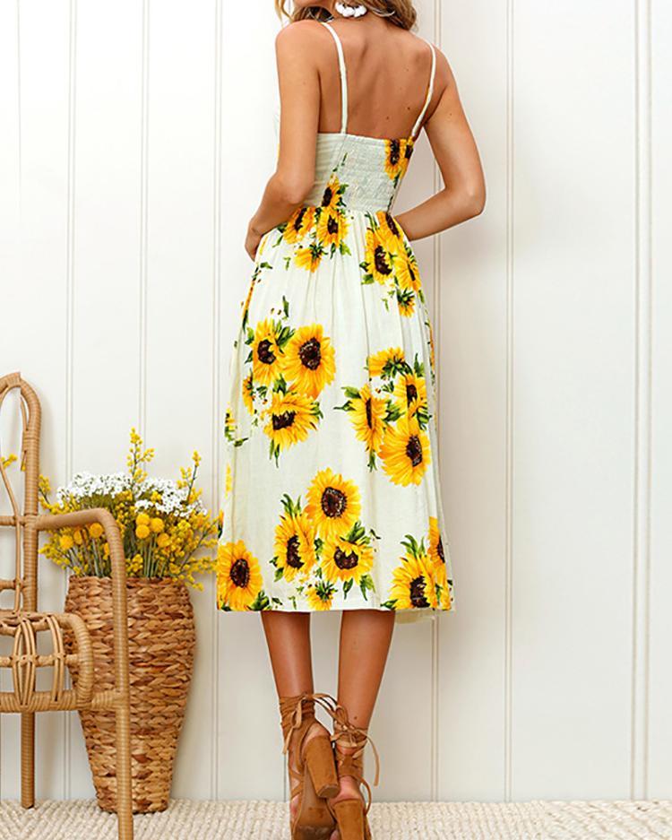 Sunflower Pattern Sweet Midi Dress