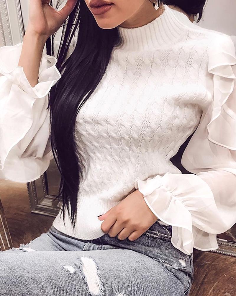 Solid Patchwork Mesh Ruffles Sleeve Casual Sweater