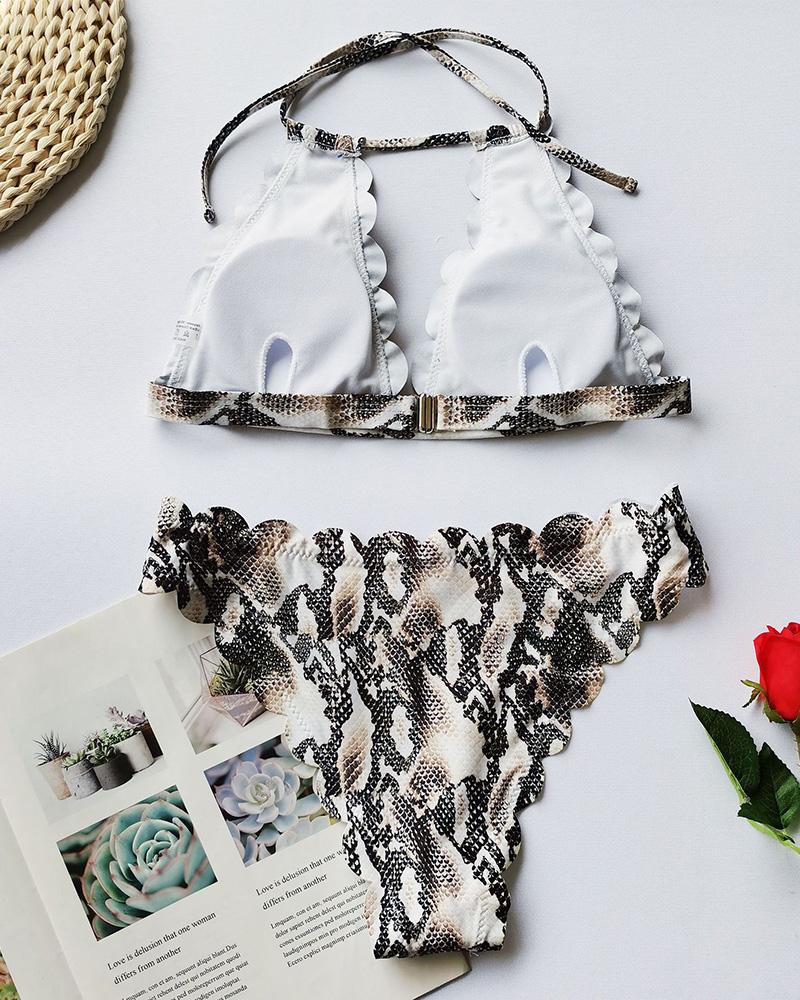 Snakeskin Leopard Print Ruffles Halter Bikini Set