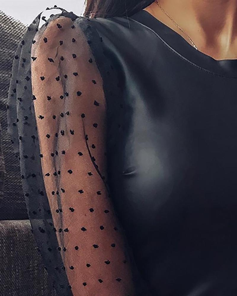Faux Leather Dot Mesh Puffed Sleeve Blouse