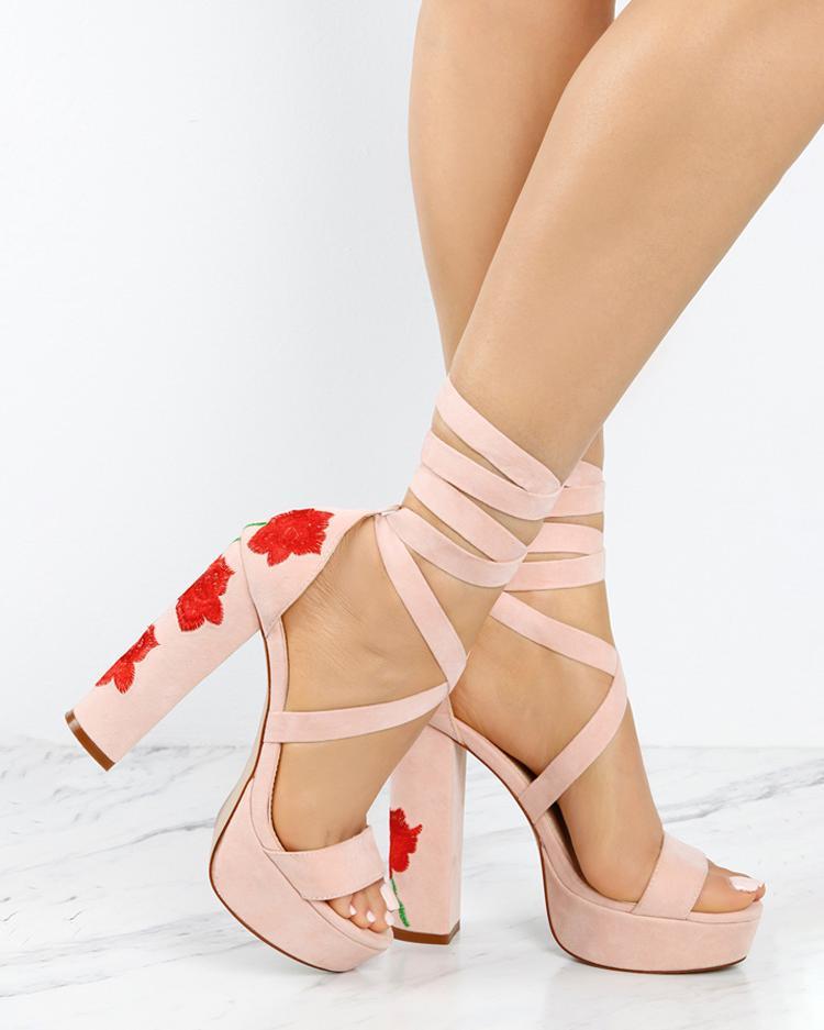 Rose Embroidered Lace-up Chunky Heeled Sandals