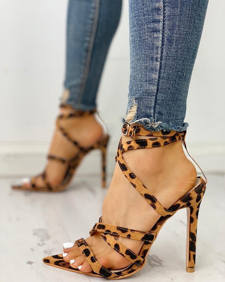 Outlet26 Leopard Bandage Crisscross Thin Heeled Sandals Leopard