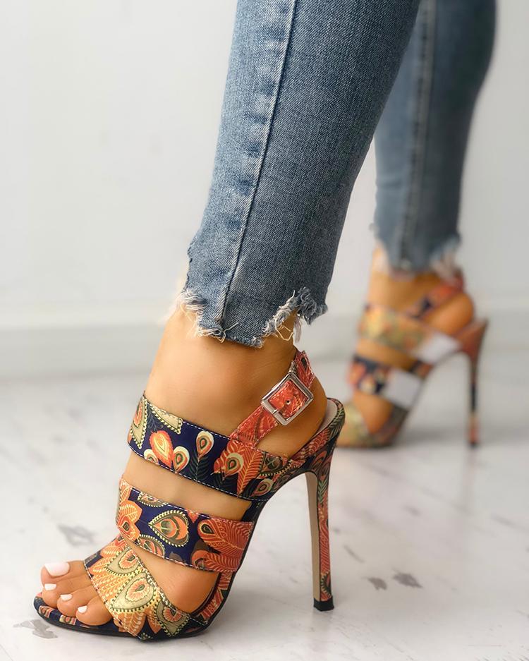 Peacock Feather Print Bandage Thin Heeled Sandals