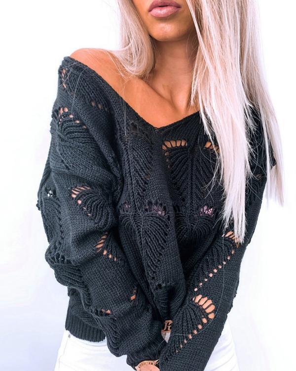 Hollow Out Long Sleeve V-Neck Sweater