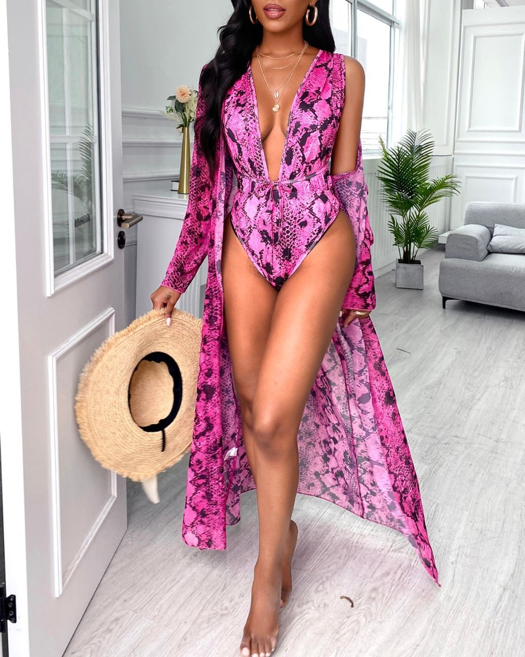 Snakeskin Print Plunge One Piece Swimsuit With Cover Up