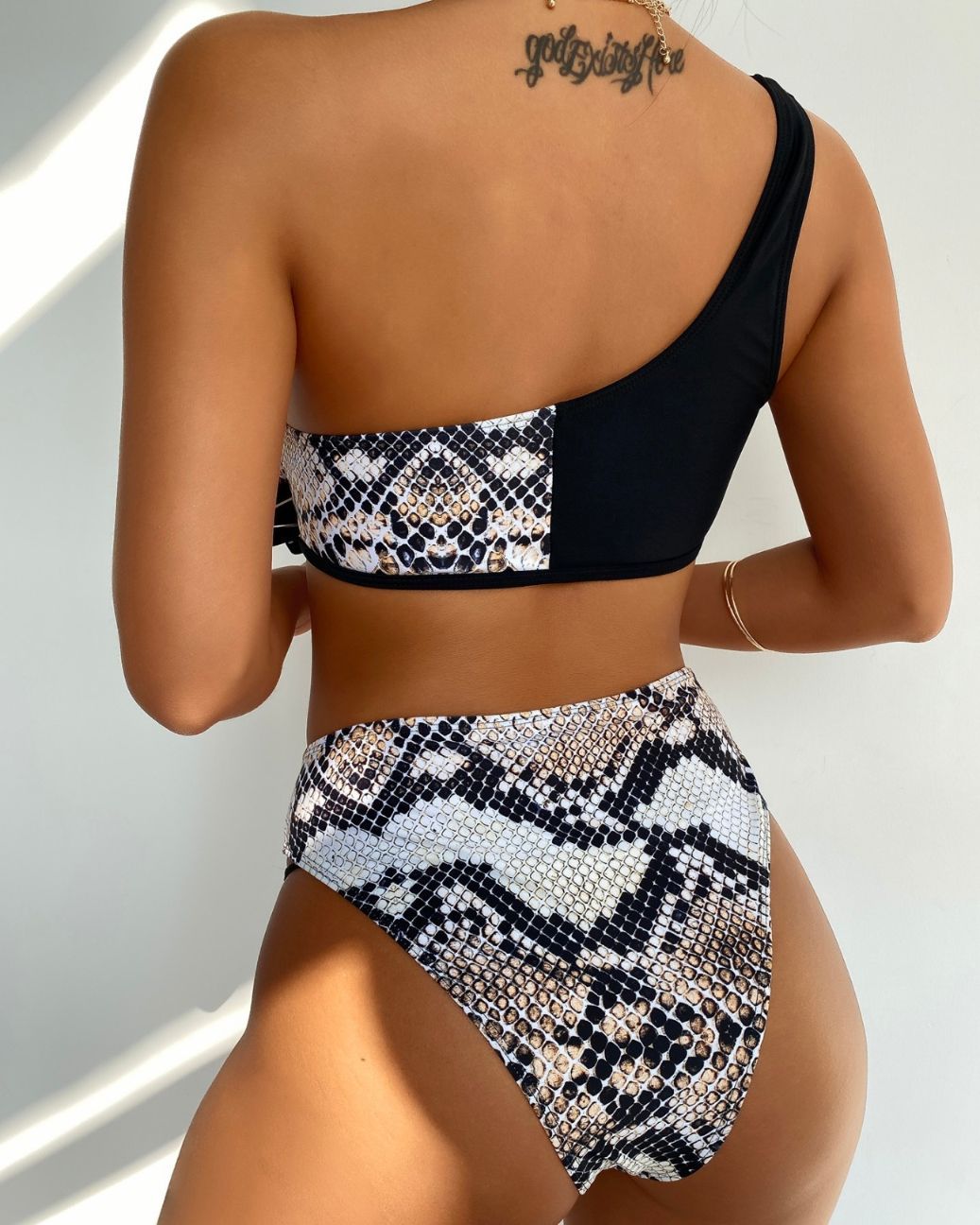 Snakeskin Print Colorblock One Shoulder Lace-up Bikini Set