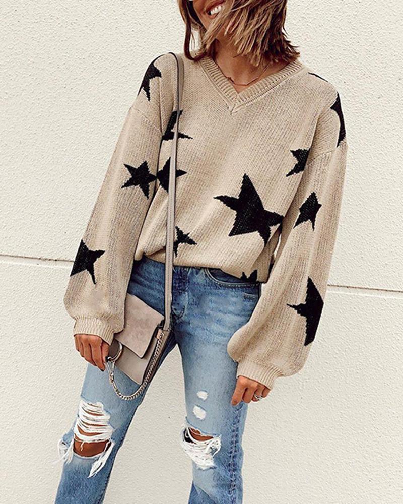 Outlet26 V Neck Star Print Sweater khaki