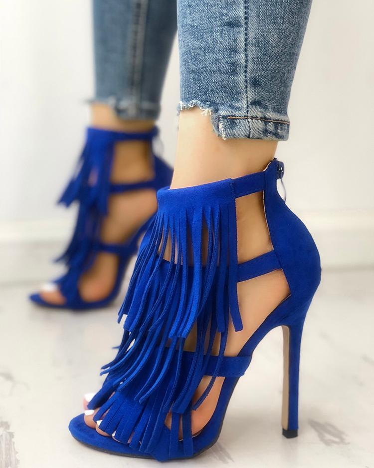 Outlet26 Fashion Solid Tassel High Heel Sandals blue