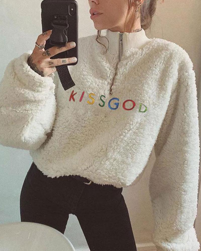 Outlet26 Embroidered Letter Faux Fur Sweatshirt white