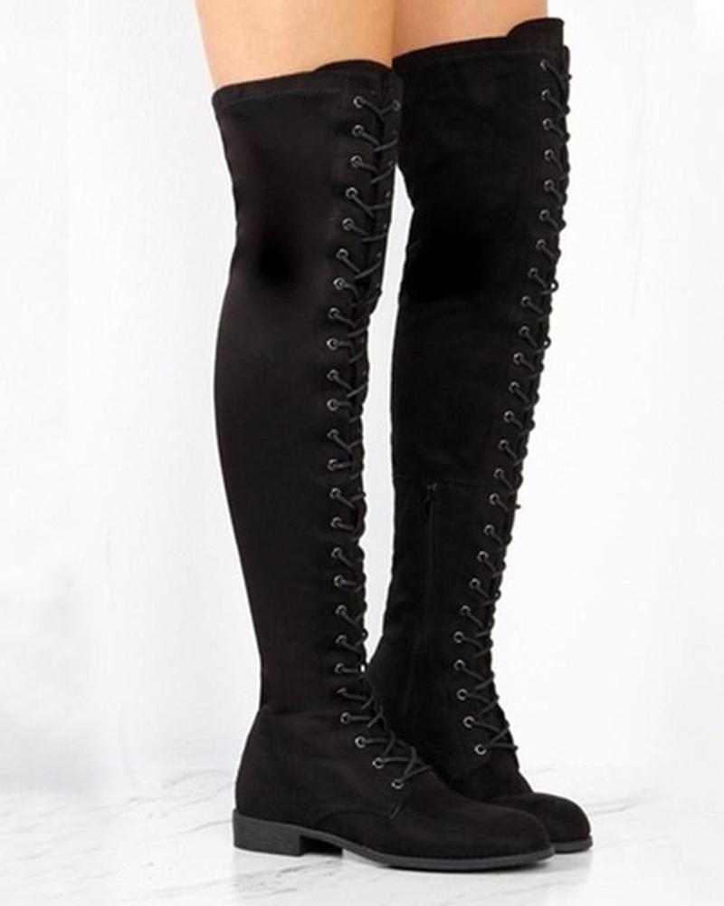 Solid Lace-Up Long Boots