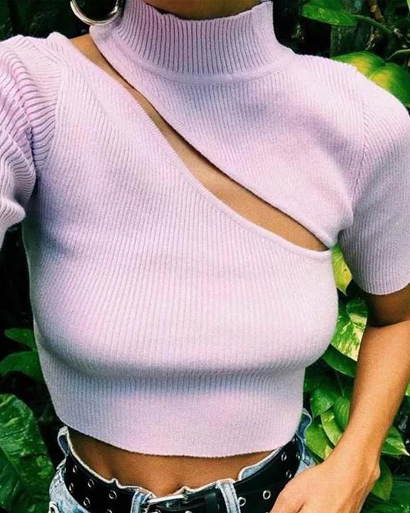 Outlet26 Mock Neck Cut Out Crop Top pink