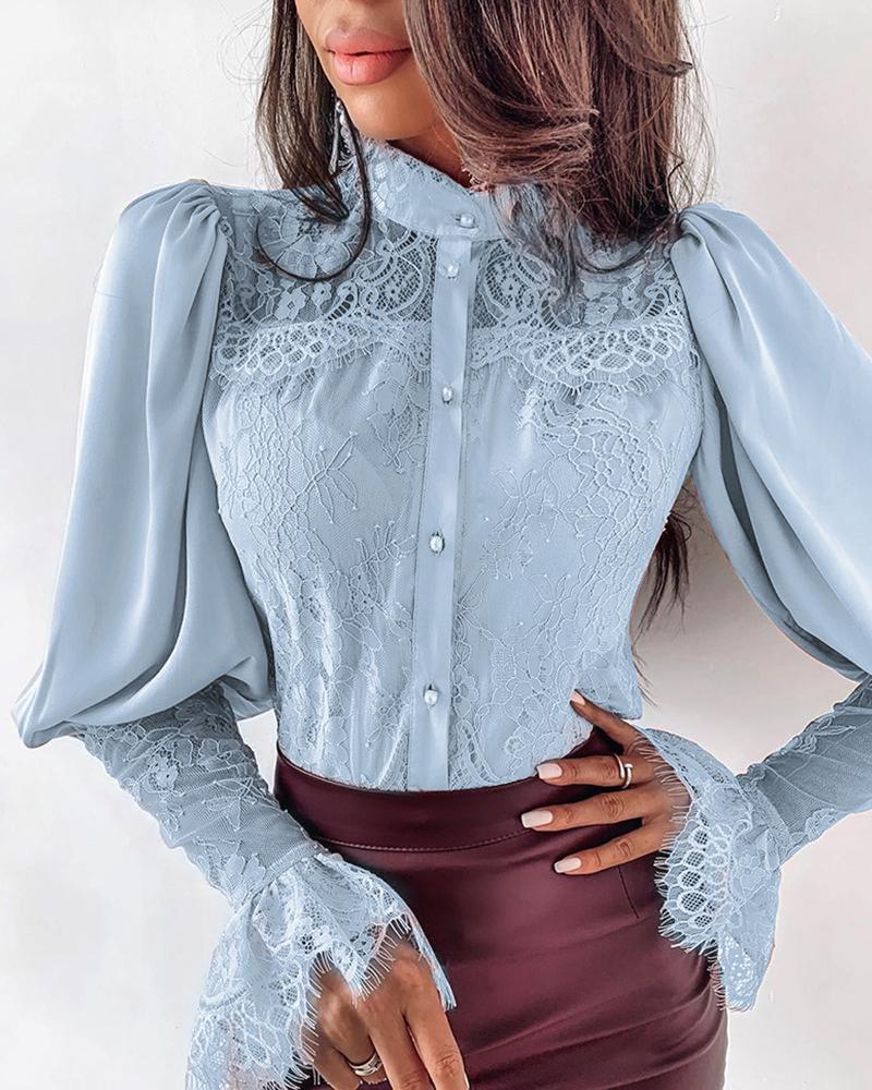 Lace Patchwork Puff Sleeve Buttoned Blouse
