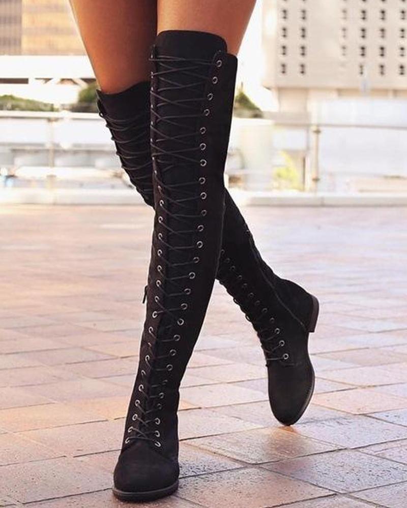 Outlet26 Solid Lace-Up Long Boots black