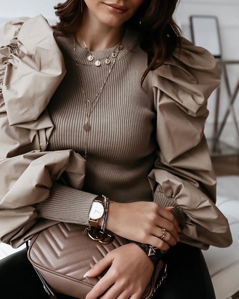 Round Neck Puff Sleeve Insert Ribbed Blouse