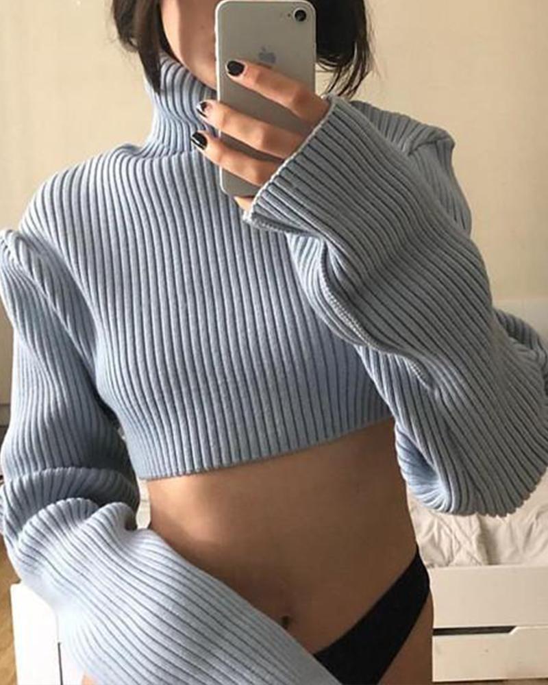 Outlet26 Solid Long Sleeve Crop Sweater blue