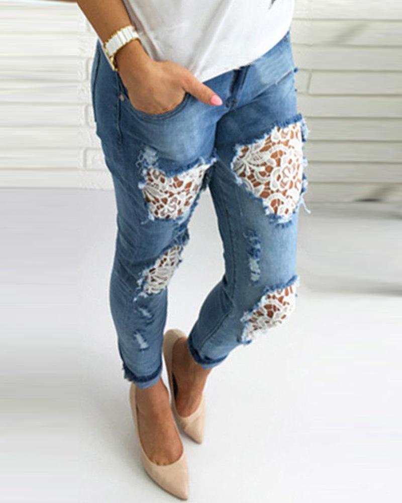 Outlet26 Lace Insert Ripped Jeans blue