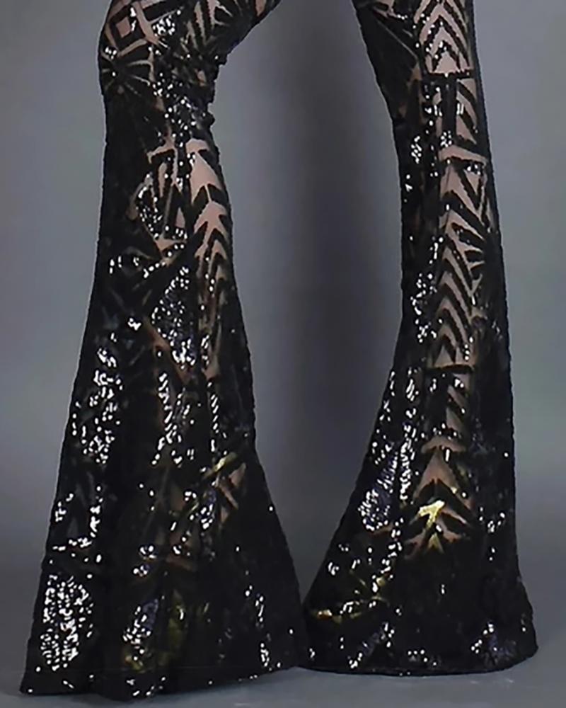 Glitter High Waist Bell-bottomed Sequins Pants