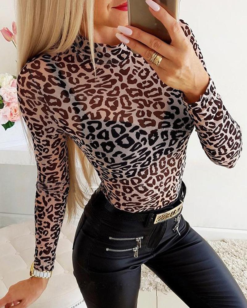 Leopard Print Mesh Long Sleeve Top
