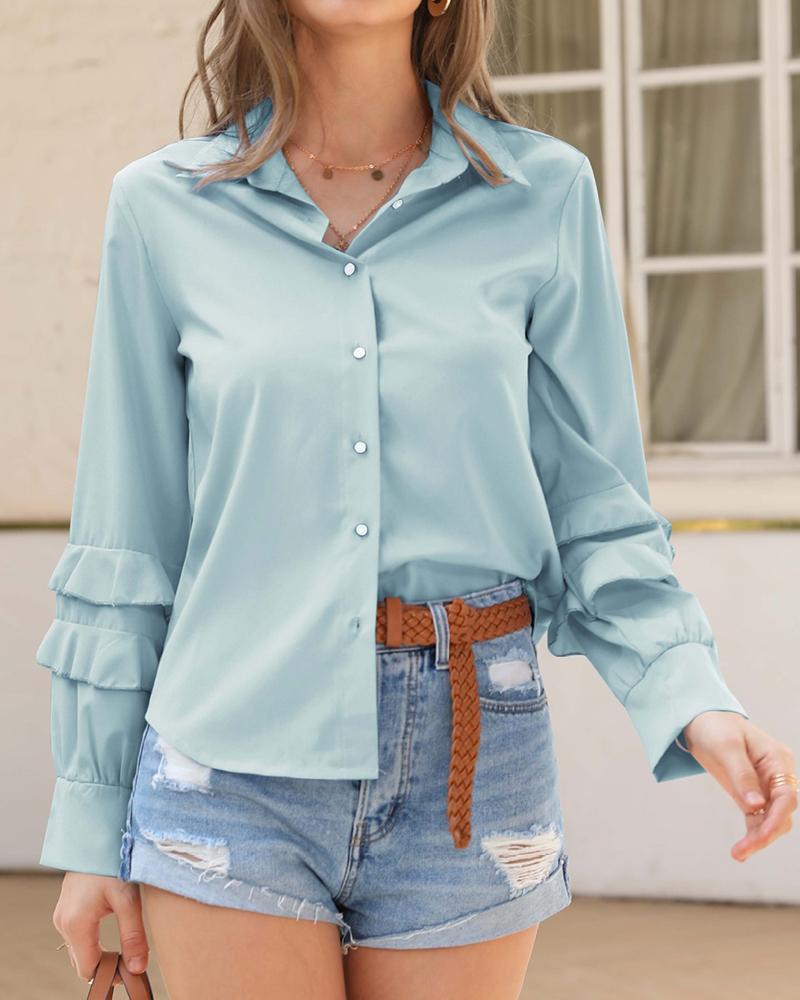Solid Button Ruffle Sleeve Blouse
