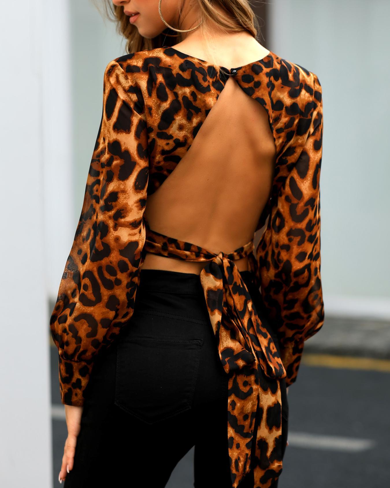 Leopard Print Open Back Knotted Blouse