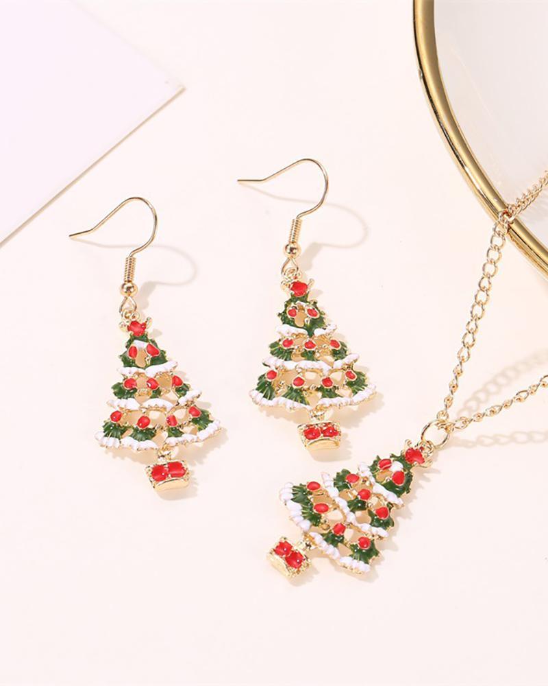 Christmas Tree Pattern Drop Earring & Necklace Set