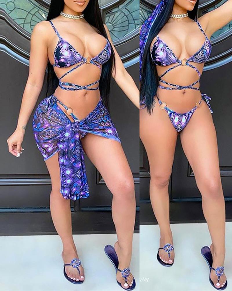 Graphic / Floral Print O-Ring Bikini Set With Cover Up Skirt