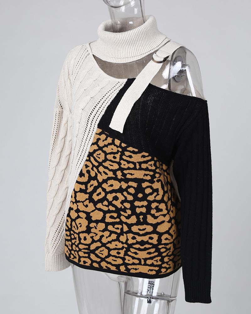 High Neck Colorblock Leopard Cut Out Knitting Sweater