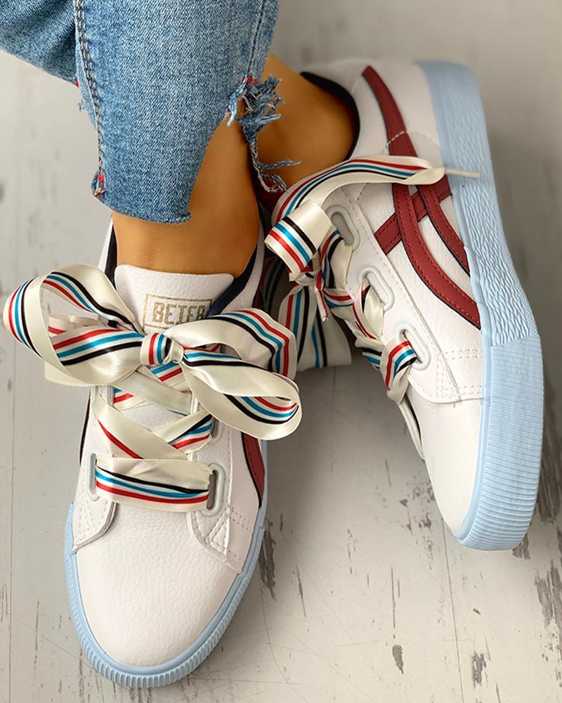 Colorful Ribbon Lace-Up Casual Sneakers