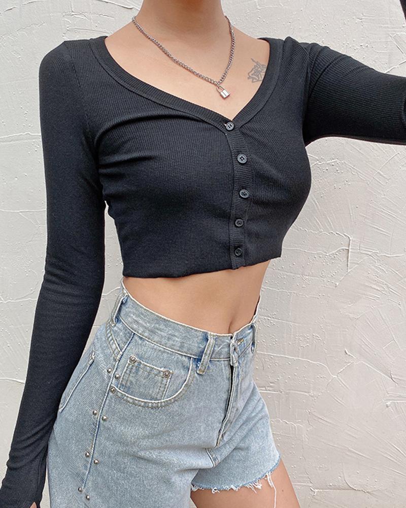 Button Front Knitted Crop Top