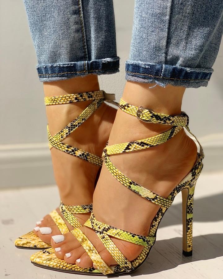 Outlet26 Snakeskin Crisscross Multi-Strap Thin Heeled Sandals yellow