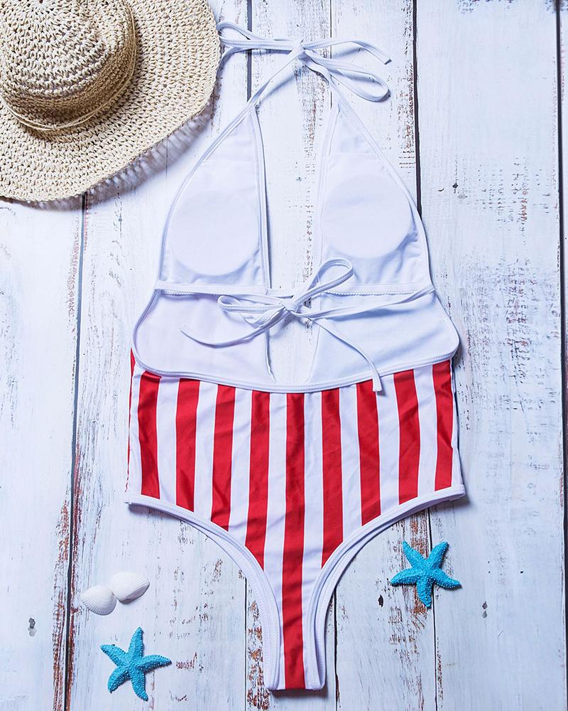 Independence Day Plunge Flag Print Backless One Piece Swimsuit