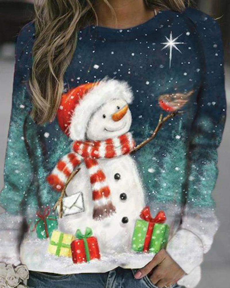 Christmas Snowman Printing Long Sleeve Blouse