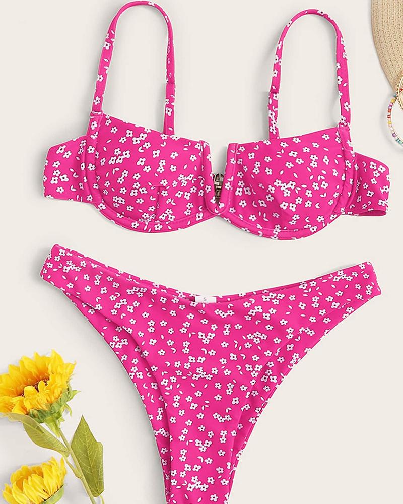 Floral Print Strap Bra With Panties Bikini Sets