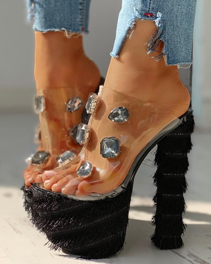 Fluffy Transparent Platform Chunky Heeled Sandals