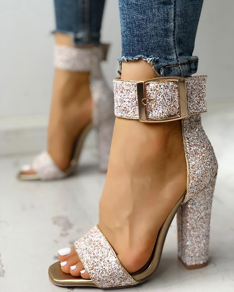 Outlet26 Stylish Sequin Open Toe Chunky Heeled Sandals gold