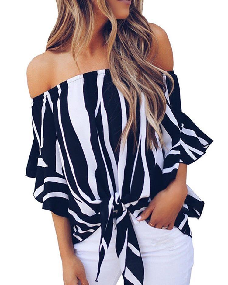 Striped Knot Front Flared Sleeve Bardot Blouse